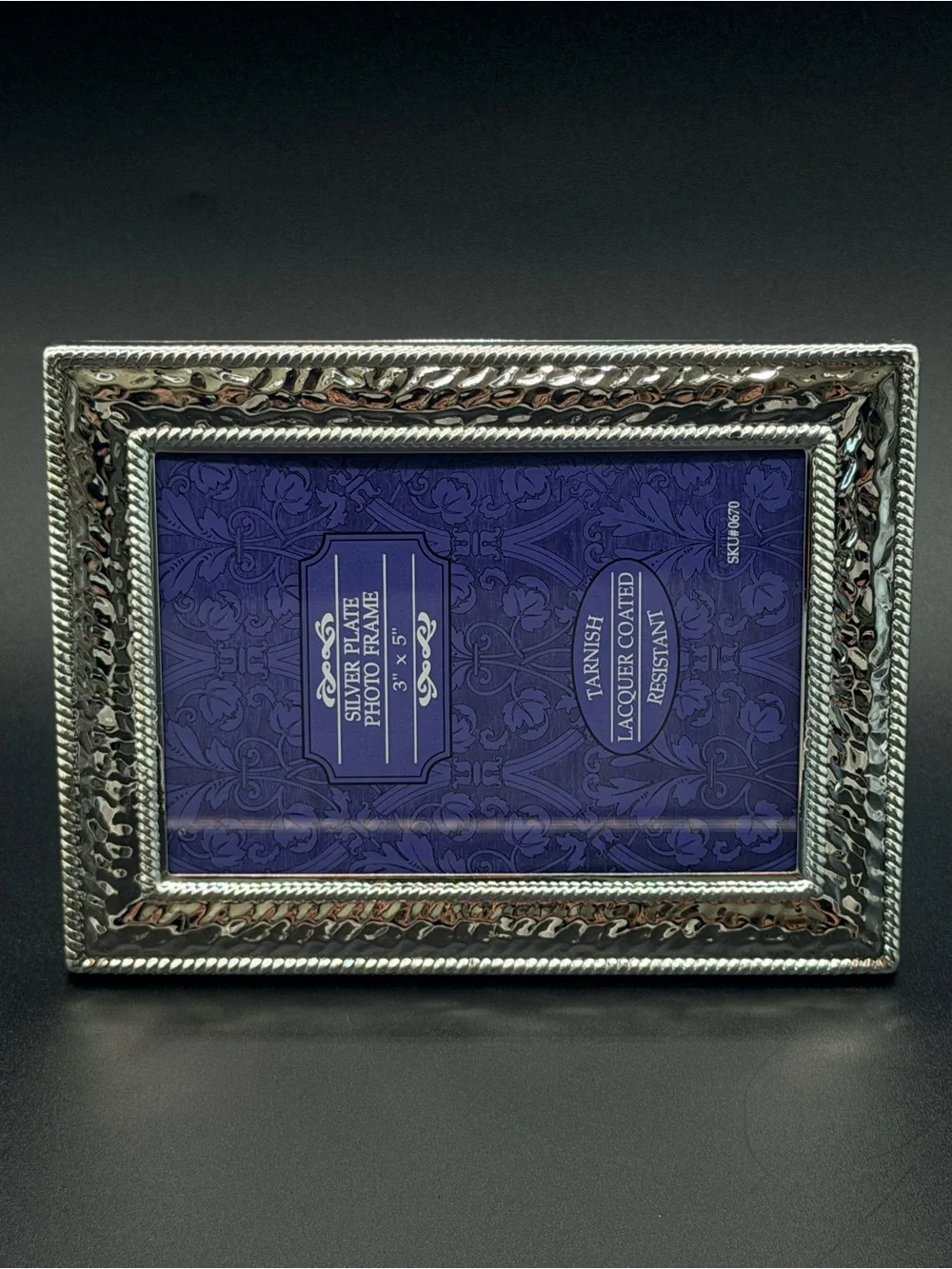 NIB Silver Plated 3x5 Photo Frame Hammered Metal Rope Trim Elegant Tabletop